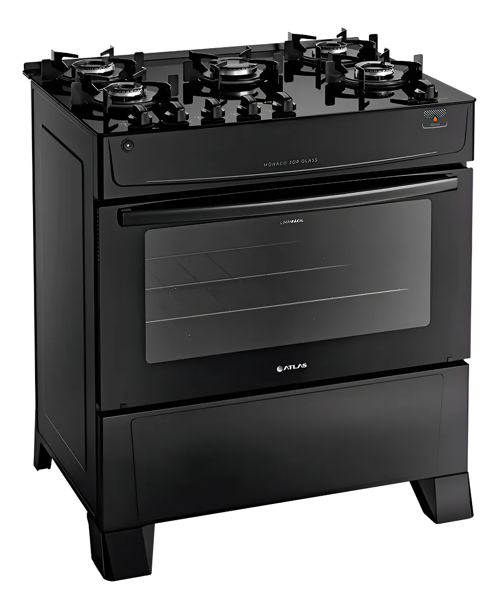 Fogão Atlas 5 Bocas preto Mônaco Top Glass com Acendimento automático
